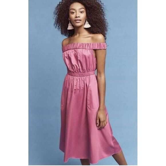 NEW Anthropologie Off The‎ Shoulder Pink Dress W/ Pockets BY MAEVE Size XS - Picture 1 of 12